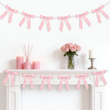 2 Strings Pink Bow Garland Banner, Pre-Strung Satin Ribbon with 6.5ft Pearl Chain for Coquette Birthday, Bridal Shower, Bachelorette Party, Baby Shower, Engagement, Graduation & Anniversary Decor