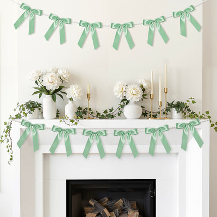 FLAIR GIFTS 2 Strings Sage Green Bow Garland Banner, 6.5ft Pearl Chain Pre-Strung Satin Ribbon for Woodland Baby Shower, Garden Wedding, Forest First Birthday, Neutral Nursery & Botanical Party Decor