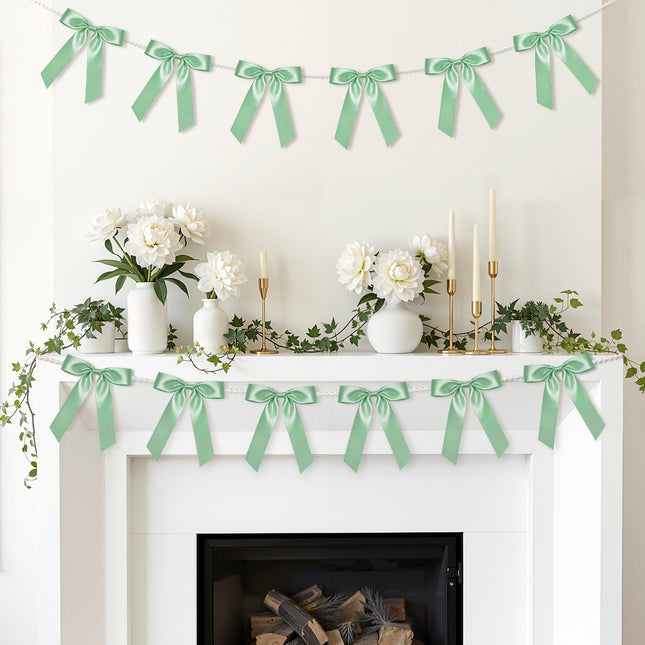 FLAIR GIFTS 2 Strings Sage Green Bow Garland Banner, 6.5ft Pearl Chain Pre-Strung Satin Ribbon for Woodland Baby Shower, Garden Wedding, Forest First Birthday, Neutral Nursery & Botanical Party Decor