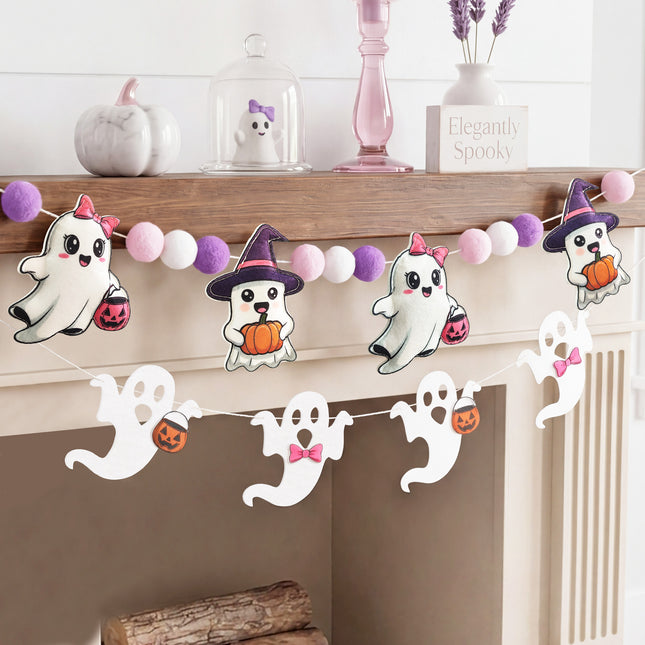 FLAIR GIFTS 2-Pack Halloween Ghost Felt Garland, 8ft 3D Cute Ghost Banner with Pom Poms, Pre-Strung Pastel Pink & Purple Halloween Decorations for Home, Fireplace Mantel, Classroom, Party Décor