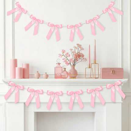 FLAIR GIFTS 2 Strings Coquette Pink Bow Garland Banner, 6.5ft Pearl Chain Pre-Strung Satin Ribbon for Soft Girl Aesthetic, Pink Birthday, Girl Baby Shower, Valentine’s Day & Preppy Room Decor