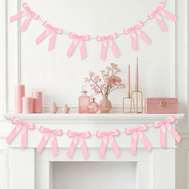 FLAIR GIFTS 2 Strings Coquette Pink Bow Garland Banner, 6.5ft Pearl Chain Pre-Strung Satin Ribbon for Soft Girl Aesthetic, Pink Birthday, Girl Baby Shower, Valentine’s Day & Preppy Room Decor