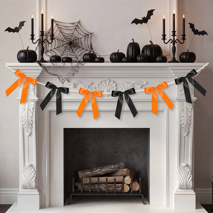 FLAIR GIFTS 2 Strings Halloween Bow Garland Banner, 6.5ft Pearl Chain Pre-Strung 6 Satin Ribbon for Gothic Coquette Decor, Spooky One Birthday, Orange and Black Party Garland & Mantle Backdrop