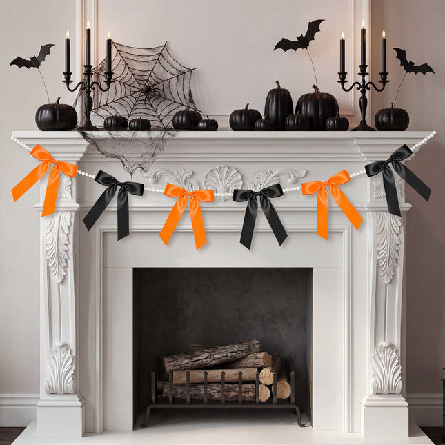 FLAIR GIFTS 2 Strings Halloween Bow Garland Banner, 6.5ft Pearl Chain Pre-Strung 6 Satin Ribbon for Gothic Coquette Decor, Spooky One Birthday, Orange and Black Party Garland & Mantle Backdrop