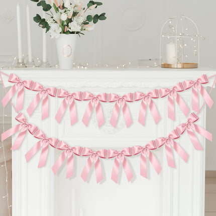FLAIR GIFTS 2 Strings Pink Bow Garland Banner, Pre-Strung Satin Ribbon with 6.5ft Pearl Chain for Coquette Birthday, Bridal Shower, Party, Baby Shower, Engagement, Graduation & Anniversary Decor