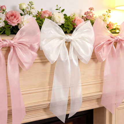 FLAIR GIFTS 1-String 6.5ft Pink & White Bows Garland Banner, 6 Pcs Pre-Strung Bow Party Decorations for Coquette Birthday, Bachelorette Party, Girly Pink Party Supplies, Baby Shower, Bridal Shower