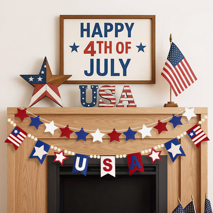 Flair Gifts 2 Pack 4th of July Garland, 6.5ft Felt Patriotic USA Garland for Mantel Red White Blue Star w/Wood Bead Flag Banner Decor for 250th Anniversary Independence Day Veterans Memorial Party