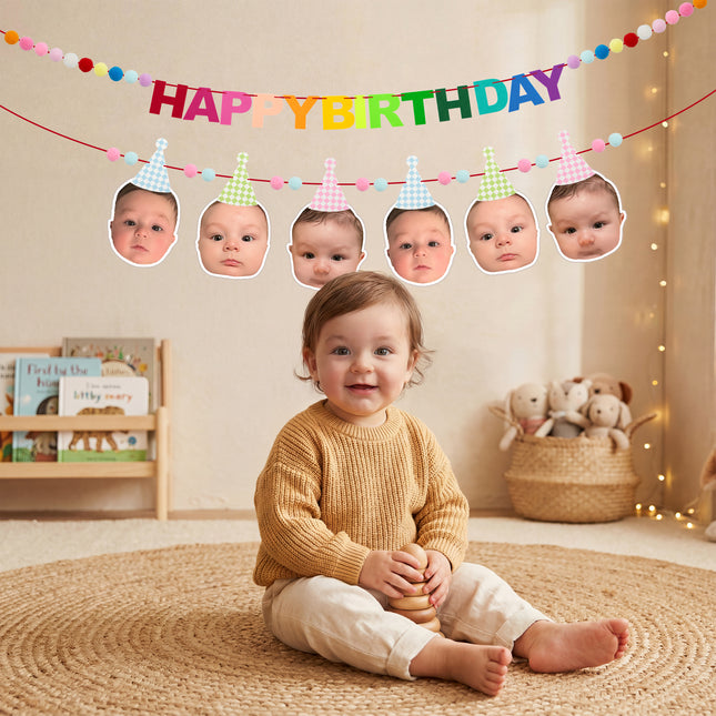 FLAIR GIFTS 2-Pack Happy Birthday Felt Garland with Pom Poms & Birthday Hats, 8ft Pre-Strung Reusable Colorful Felt Banner, Cute Pastel Bunting for Kids Party Decorations Backdrop
