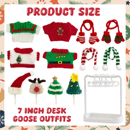 FLAIR GIFTS 4 Sets 7 Inch Desk Goose Christmas Outfits, Knit Sweater Santa Hat Scarf Gloves & Accessories with Hanger Stand for Desktop Goose Statue Holiday Decor Gift