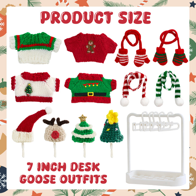 FLAIR GIFTS 4 Sets 7 Inch Desk Goose Christmas Outfits, Knit Sweater Santa Hat Scarf Gloves & Accessories with Hanger Stand for Desktop Goose Statue Holiday Decor Gift