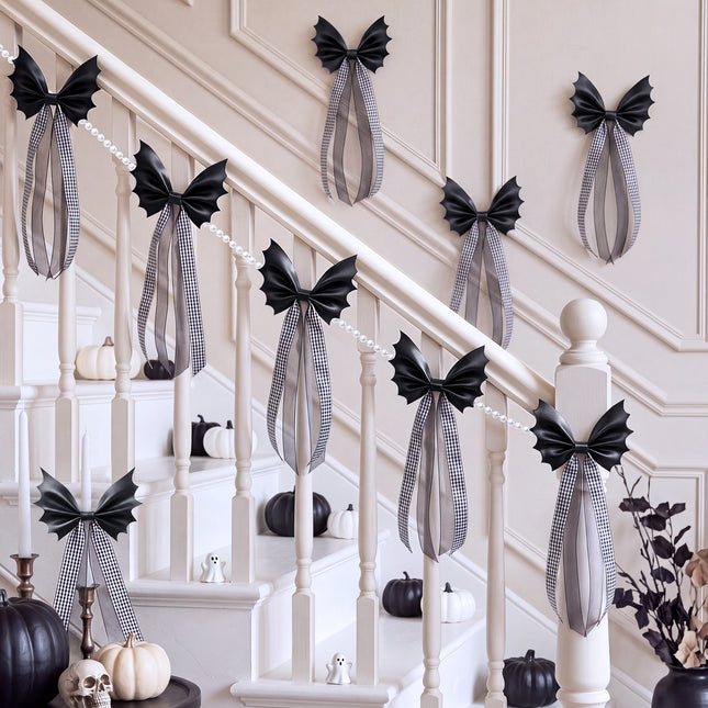 FLAIR GIFTS Halloween Spooky Gothic Black Bat Bow Garland, 6.5 Ft Pre-Strung PU Leather Banner Decor with 4 Extra DIY Bows for Fireplace Mantel Wall Home Decor