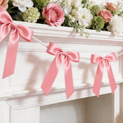 FLAIR GIFTS 2 Strings Dusty Rose Bow Garland Banner, 6.5ft Pearl Chain Pre-Strung Ribbon for Chic Bridal Shower, Muted Rose Wedding Decor, Sophisticated Birthday, Anniversary & Victorian Tea Party