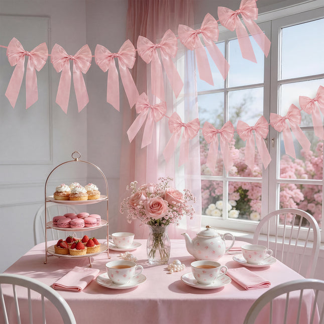 FLAIR GIFTS 1-String 6.5ft Dusty Rose Bows Garland Banner, 6 Pcs Pre-Strung Bow Party Decorations for Coquette Birthday, Bachelorette Party, Girly Pink Party Supplies, Baby Shower, Bridal Shower