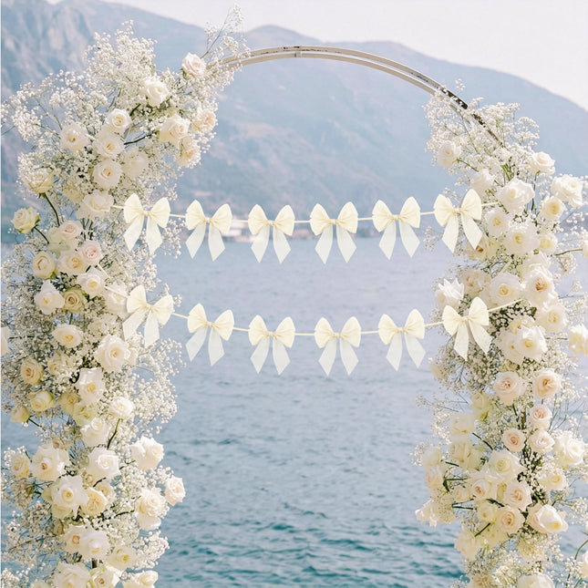 FLAIR GIFTS 2-String 6.5ft Ivory White Bows Garland Banner, 16 Pcs Pre-Strung Bows Party Decorations for Bridal Shower, Birthday, Bachelorette Party, Baby Shower, Tea Party Supplies