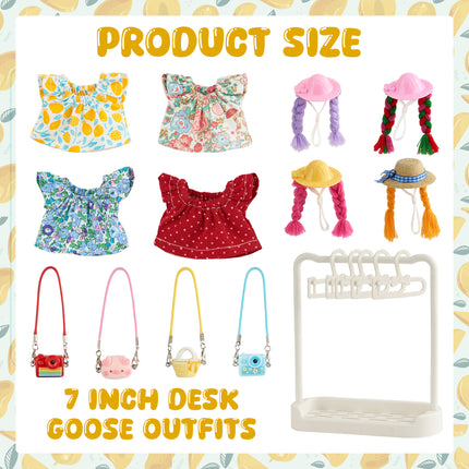 FLAIR GIFTS 4 Sets 7 Inch Desk Goose Outfits, Cute Dress with Braided Wig Hat, Mini Handbag & Hanger Stand for Desktop Goose Statue Clothes Accessories Decor