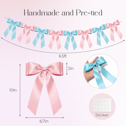1-String Pink & Blue Bow Garland Banner, 8 Pre-Strung Double-Loop Satin Ribbon Bows, Valentines Day Decor for Baby Shower Bridal, Birthday & Wedding Party, Reusable Girls Coquette Room Wall Decor