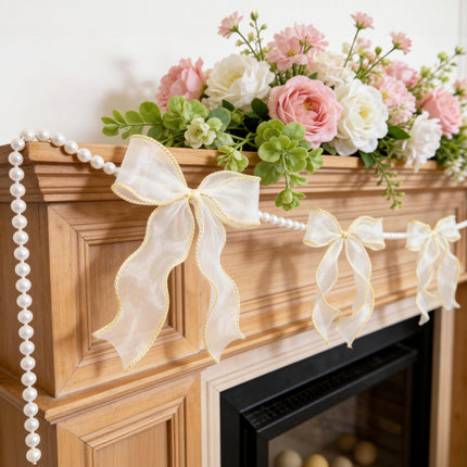 FLAIR GIFTS 2 Strings White Bow Garland Banner, Pre-Strung Fish-Tail Organza Ribbon with 6.5ft Pearl Chain for Bridal Shower, Wedding, Engagement, Birthday, Tea Party, Baby Shower, Anniversary Decor