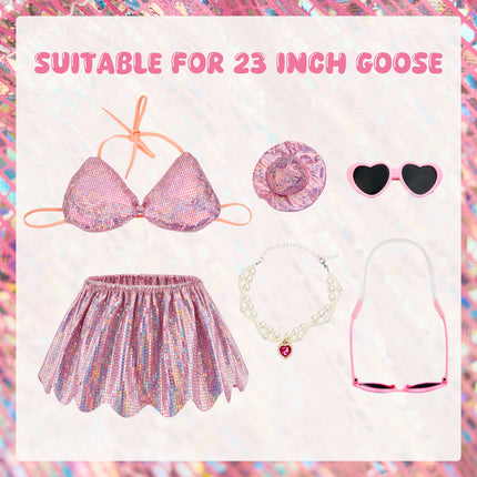 FLAIR GIFTS Pink Bikini Goose Clothes Set with Sunglasses Necklace Hat, Pink Sequin Swimming Suits Porch Goose Outfits for 23 Inch Goose Statue, Summer Pool Party Garden Decor (Pink)