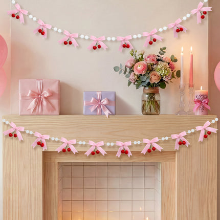 Flair Gifts 2-Pack 8ft Pink Cherry Bow Felt Garland, Coquette Aesthetic Nursery Decor, Handmade Wool Banner for Girls First Birthday, Baby Shower, Spring Party Decorations, Mantel Wall Hanging