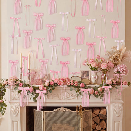 FLAIR GIFTS 45Pcs Pink Lace Bow Wall Decor, 4 Styles Satin Bows Garland, DIY Bow Photo Backdrop, Pink Bows Party Decor for Women Girls Birthday Baby Shower Bachelorette Wedding Room Bedroom Decor