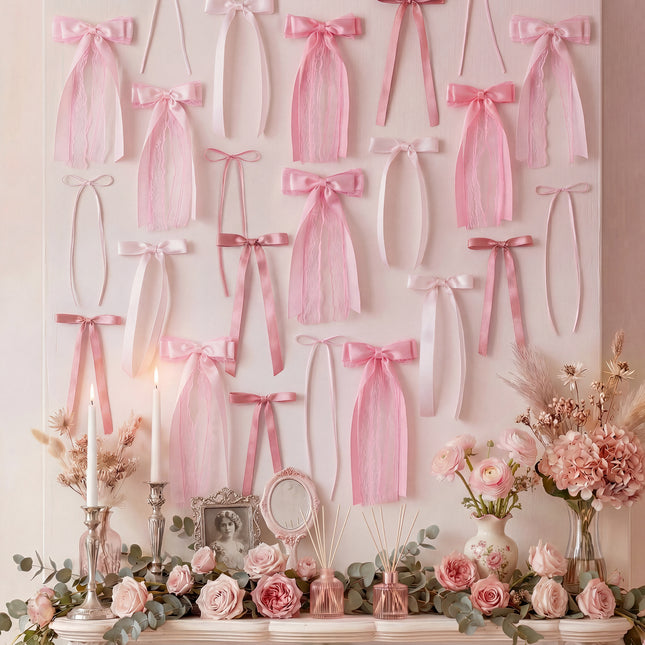 FLAIR GIFTS 45Pcs Pink Lace Bow Wall Decor, 4 Styles Satin Bows Garland, DIY Bow Photo Backdrop, Pink Bows Party Decor for Women Girls Birthday Baby Shower Bachelorette Wedding Room Bedroom Decor