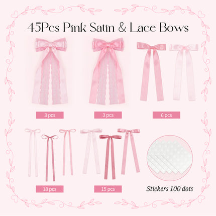 FLAIR GIFTS 45Pcs Pink Lace Bow Wall Decor, 4 Styles Satin Bows Garland, DIY Bow Photo Backdrop, Pink Bows Party Decor for Women Girls Birthday Baby Shower Bachelorette Wedding Room Bedroom Decor