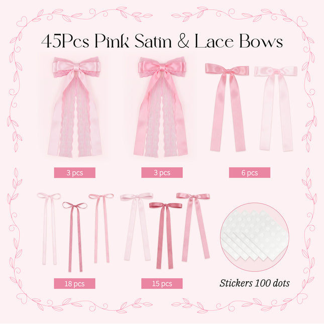 FLAIR GIFTS 45Pcs Pink Lace Bow Wall Decor, 4 Styles Satin Bows Garland, DIY Bow Photo Backdrop, Pink Bows Party Decor for Women Girls Birthday Baby Shower Bachelorette Wedding Room Bedroom Decor