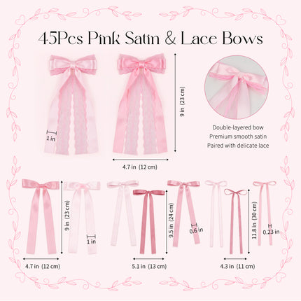 FLAIR GIFTS 45Pcs Pink Lace Bow Wall Decor, 4 Styles Satin Bows Garland, DIY Bow Photo Backdrop, Pink Bows Party Decor for Women Girls Birthday Baby Shower Bachelorette Wedding Room Bedroom Decor