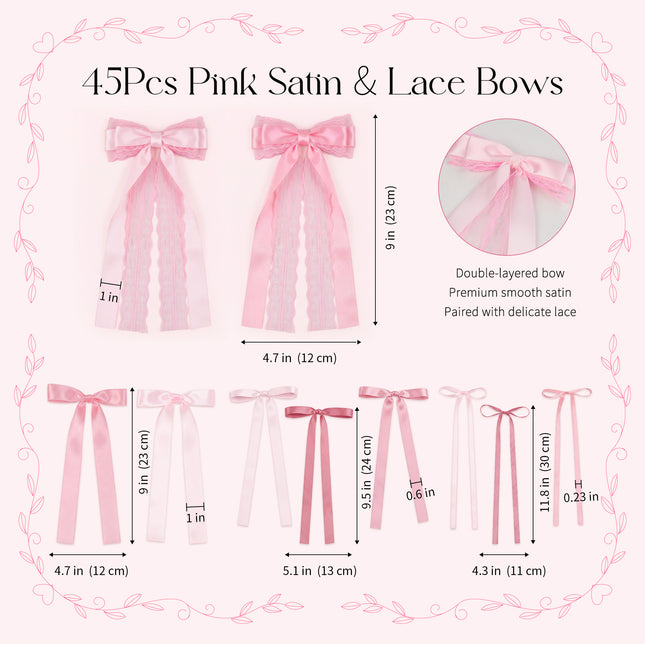 FLAIR GIFTS 45Pcs Pink Lace Bow Wall Decor, 4 Styles Satin Bows Garland, DIY Bow Photo Backdrop, Pink Bows Party Decor for Women Girls Birthday Baby Shower Bachelorette Wedding Room Bedroom Decor