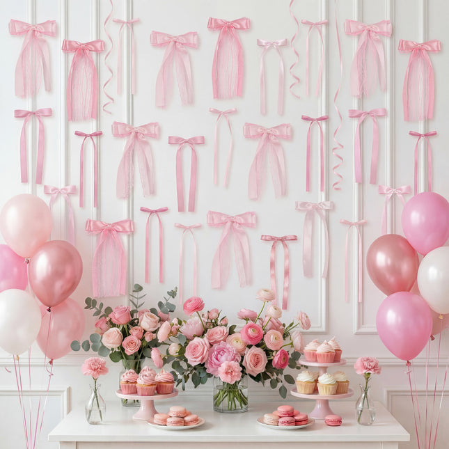 FLAIR GIFTS 45Pcs Pink Lace Bow Wall Decor, 4 Styles Satin Bows Garland, DIY Bow Photo Backdrop, Pink Bows Party Decor for Women Girls Birthday Baby Shower Bachelorette Wedding Room Bedroom Decor
