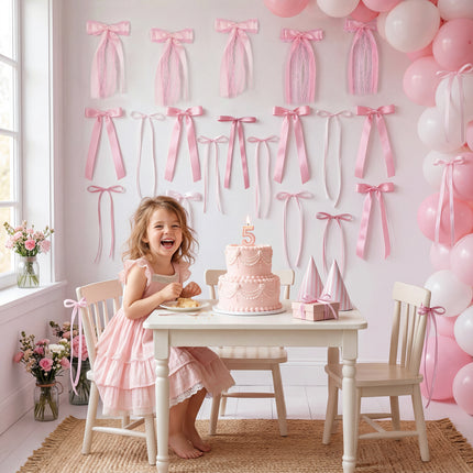 FLAIR GIFTS 45Pcs Pink Lace Bow Wall Decor, 4 Styles Satin Bows Garland, DIY Bow Photo Backdrop, Pink Bows Party Decor for Women Girls Birthday Baby Shower Bachelorette Wedding Room Bedroom Decor
