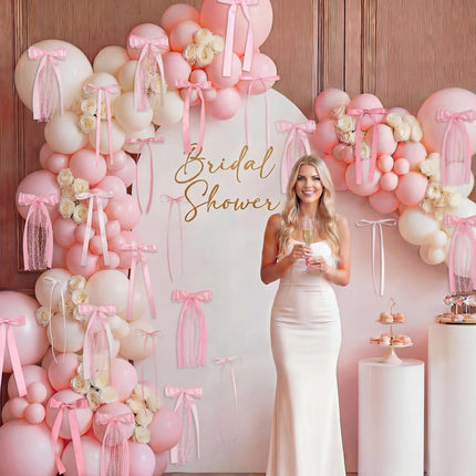 FLAIR GIFTS 45Pcs Pink Lace Bow Wall Decor, 4 Styles Satin Bows Garland, DIY Bow Photo Backdrop, Pink Bows Party Decor for Women Girls Birthday Baby Shower Bachelorette Wedding Room Bedroom Decor