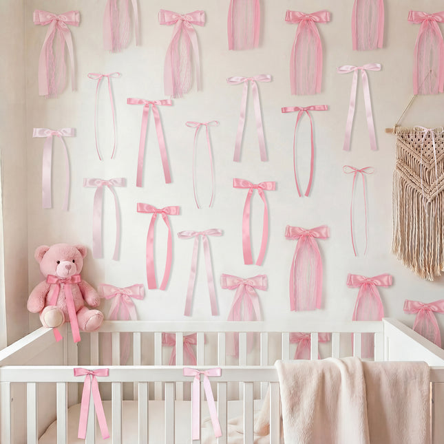 FLAIR GIFTS 45Pcs Pink Lace Bow Wall Decor, 4 Styles Satin Bows Garland, DIY Bow Photo Backdrop, Pink Bows Party Decor for Women Girls Birthday Baby Shower Bachelorette Wedding Room Bedroom Decor