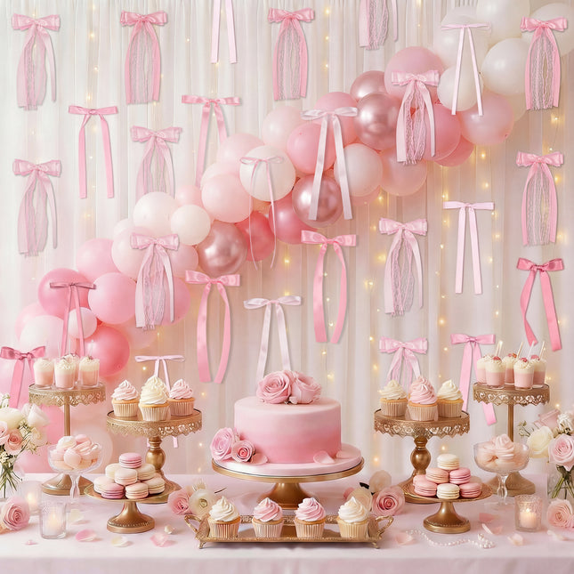 FLAIR GIFTS 45Pcs Pink Lace Bow Wall Decor, 4 Styles Satin Bows Garland, DIY Bow Photo Backdrop, Pink Bows Party Decor for Women Girls Birthday Baby Shower Bachelorette Wedding Room Bedroom Decor