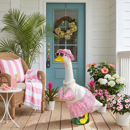 FLAIR GIFTS Pink Bikini Goose Clothes Set with Sunglasses Necklace Hat, Pink Sequin Swimming Suits Porch Goose Outfits for 23 Inch Goose Statue, Summer Pool Party Garden Decor (Pink)