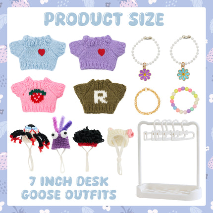 FLAIR GIFTS 4 Sets 7 Inch Desk Goose Sweater Outfits, Funny Knit Sweater with Knit Hat & Necklace, Hanger Stand Included for Desktop Goose Statue Clothes Accessories Decor