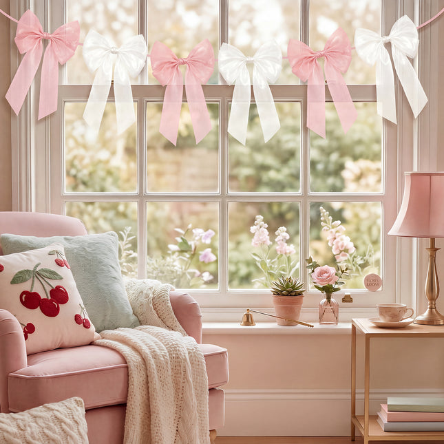 FLAIR GIFTS 1-String 6.5ft Pink & White Bows Garland Banner, 6 Pcs Pre-Strung Bow Party Decorations for Coquette Birthday, Bachelorette Party, Girly Pink Party Supplies, Baby Shower, Bridal Shower
