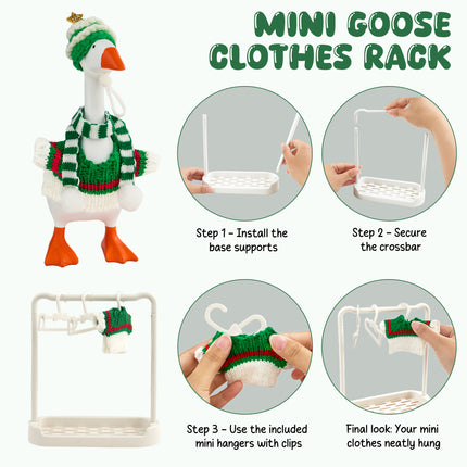 FLAIR GIFTS 4 Sets 7 Inch Desk Goose Christmas Outfits, Knit Sweater Santa Hat Scarf Gloves & Accessories with Hanger Stand for Desktop Goose Statue Holiday Decor Gift