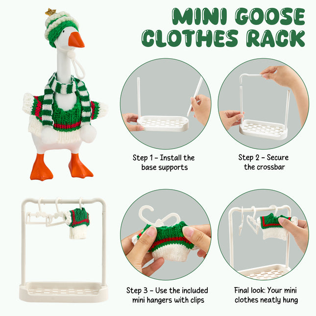 FLAIR GIFTS 4 Sets 7 Inch Desk Goose Christmas Outfits, Knit Sweater Santa Hat Scarf Gloves & Accessories with Hanger Stand for Desktop Goose Statue Holiday Decor Gift
