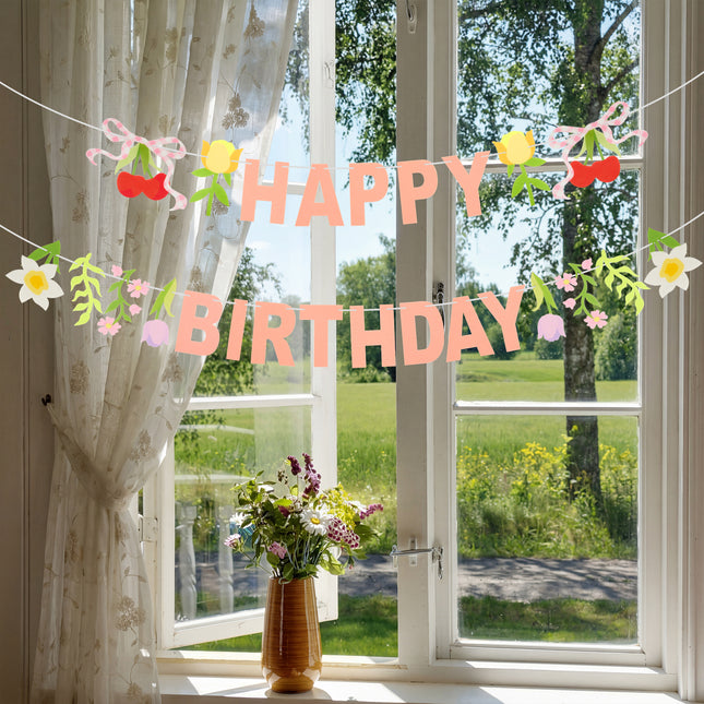 FLAIR GIFTS 2-Pack Happy Birthday Flower Felt Garland, 8ft Pre-Strung Floral Birthday Banner with Cherries & Blossoms, Reusable Pink Bunting for Garden Party, Nursery, Cottagecore Girls Birthday Decor