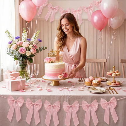 FLAIR GIFTS 1-String 6.5ft Dusty Rose Bows Garland Banner, 6 Pcs Pre-Strung Bow Party Decorations for Coquette Birthday, Bachelorette Party, Girly Pink Party Supplies, Baby Shower, Bridal Shower