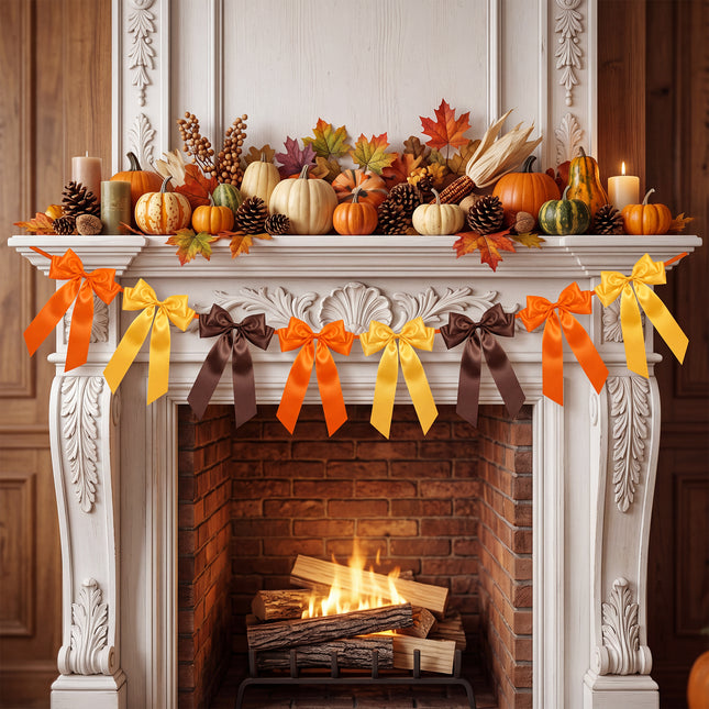 1-String Vintage Fall Bow Garland, 8 Pre-Strung Brown& Orange& Yellow Double-Layer Satin Ribbon Bows Banner, Reusable Autumn Thanksgiving Wall Mantel Decor