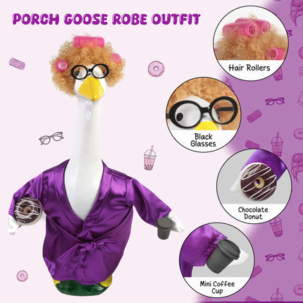FLAIR GIFTS Porch Goose Robe Outfit Set for 23 Inch Goose Statue, Purple Silk Bathrobe with Wig Curlers Coffee Cup Donut Glasses, Elegant Funny Goose Clothes Decor (Purple Silk)