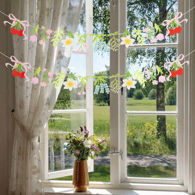 FLAIR GIFTS 2-Pack Wildflower Felt Garland, 8ft Colorful Floral Banner with Lavender & Daisy, Pre-Strung Cherry Blossom Bunting with Bows, Cottagecore Nursery Decor & Garden Party Supplies