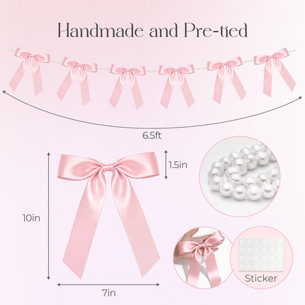 2 Strings Pink Bow Garland Banner, Pre-Strung Satin Ribbon with 6.5ft Pearl Chain for Coquette Birthday, Bridal Shower, Bachelorette Party, Baby Shower, Engagement, Graduation & Anniversary Decor