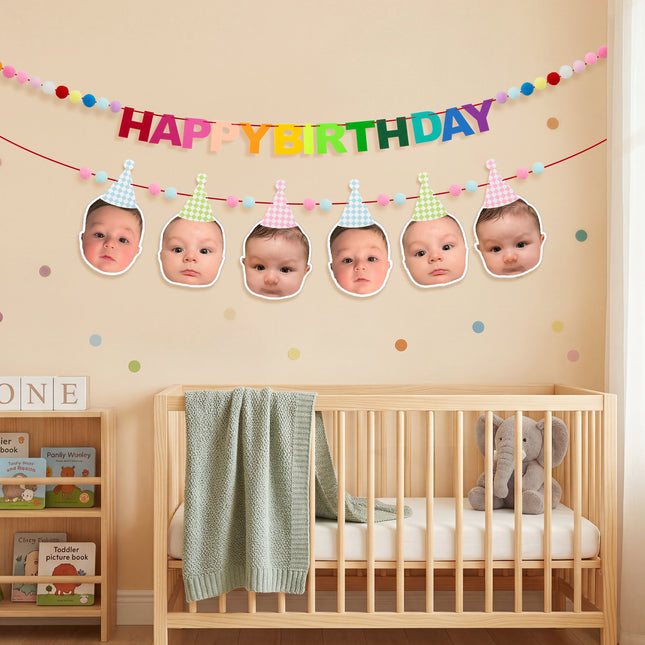 FLAIR GIFTS 2-Pack Happy Birthday Felt Garland with Pom Poms & Birthday Hats, 8ft Pre-Strung Reusable Colorful Felt Banner, Cute Pastel Bunting for Kids Party Decorations Backdrop