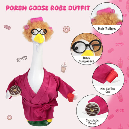 FLAIR GIFTS Porch Goose Robe Outfit Set for 23 Inch Goose Statue, Pink Flannel Bathrobe with Wig Curlers Coffee Cup Donut Glasses, Funny Home Relaxing Goose Clothes Decor (Pink)
