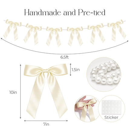 2 Strings White Bow Garland Banner, Pre-Strung Satin Ribbon with 6.5ft Pearl Chain for Bridal Shower, Wedding, Engagement, Bachelorette Party, Baby Shower, Graduation & Anniversary Decor