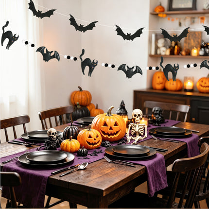 FLAIR GIFTS 2-Pack Halloween Felt Bat & Black Cat Garland, Pre-Strung 8ft 3D Stuffed Bat Banners with Pom Poms, Reusable Spooky Mantle Decor for Home, Office, Classroom Party Supplies