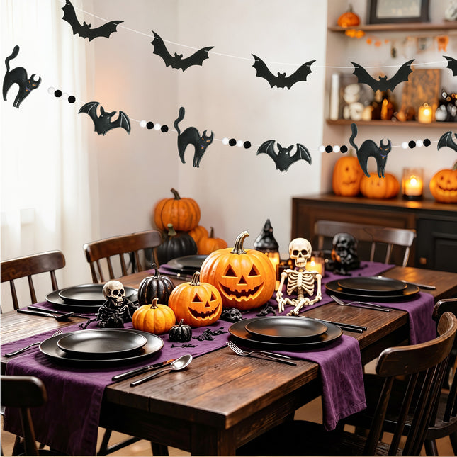 FLAIR GIFTS 2-Pack Halloween Felt Bat & Black Cat Garland, Pre-Strung 8ft 3D Stuffed Bat Banners with Pom Poms, Reusable Spooky Mantle Decor for Home, Office, Classroom Party Supplies